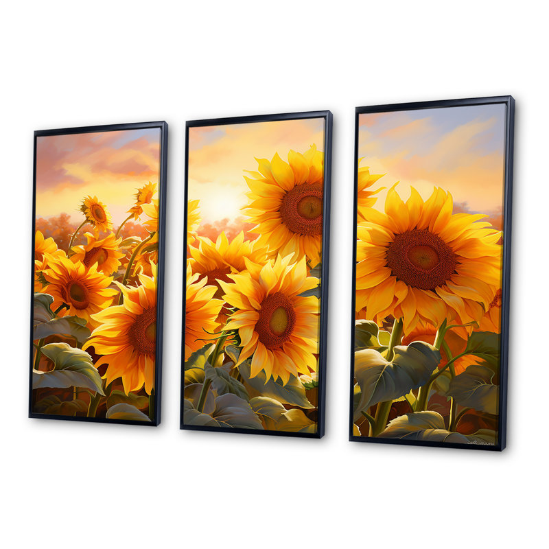 «Burning Sunset Sunflowers Field I» - ensemble d'art sur toile tournesols, Cadre flottant noir, H 32 po x l 48 po x P 1 po