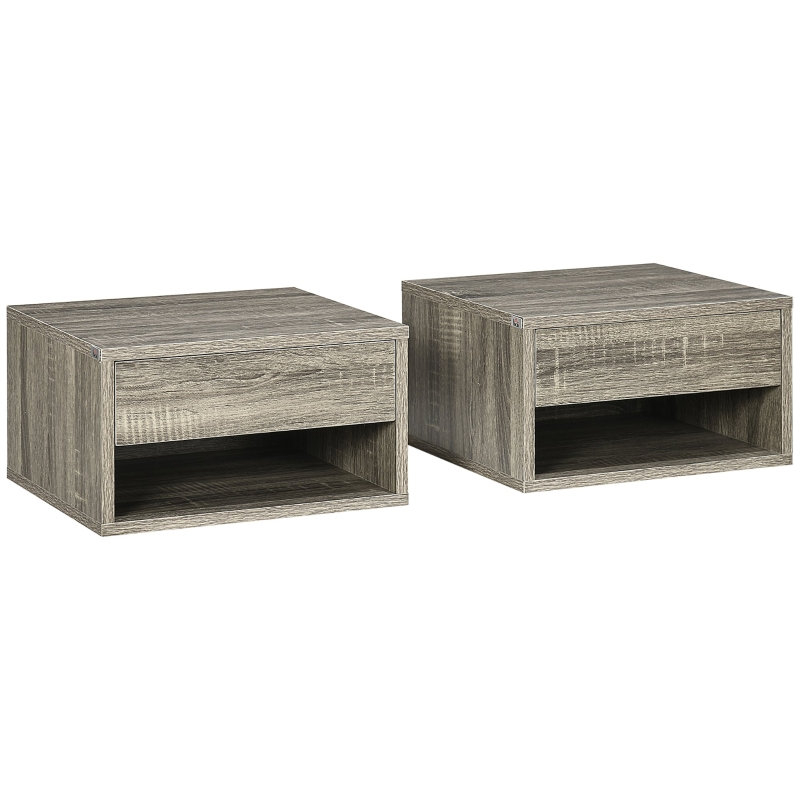Floating Bedside Tables Wall Mounted Nightstands with Drawer and Shelf, 37 x 32 x 21 cm, Engineered Wood, 2 Pieces, Wall-Mounted Nightstand, Brown, Space-Saving Wall-Mounted Design