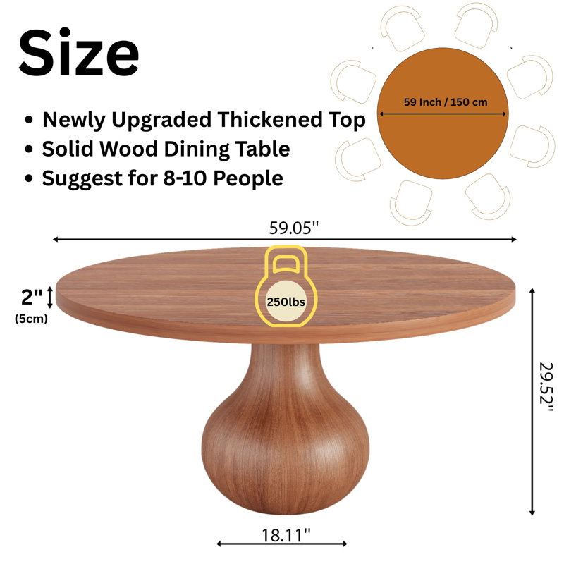 Ikerne Space-Saving Round Solid Wood Dining Table 59" For Kitchen Restaurant Breakfast Office Thicken Top 2inch