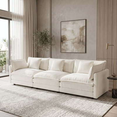 3-Seater Deep-Seat Sofa Couch with Plush Back Cushions and Richly Textured Upholstery, Cream White