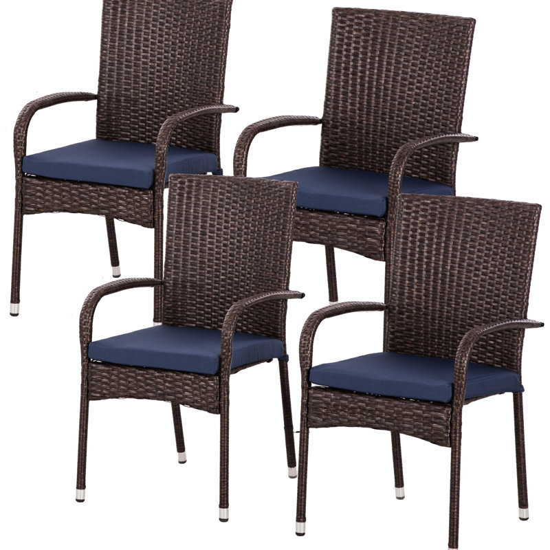Chaises d'extérieur empilables avec coussins. 4. Pe. Et pour le patio. Crème / bleu Eau. L 22 po x P 23,5 po x H 37,5 po. Capacité de 264 lb. Coussins de salle à manger, 4. et dossiers à assembler. Assemblage requis. 22 po