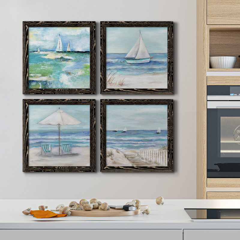 Jour sur le lac - Ensemble de 4 peintures sur toile encadrées, Cadre noir