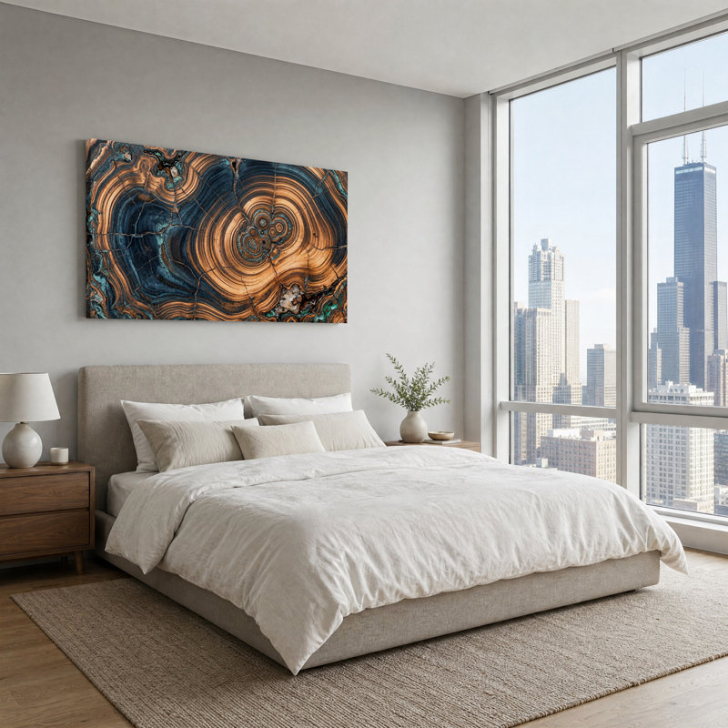 Art mural sur toile tourbillonnant bleu et cuivre, 32“W x 16”H