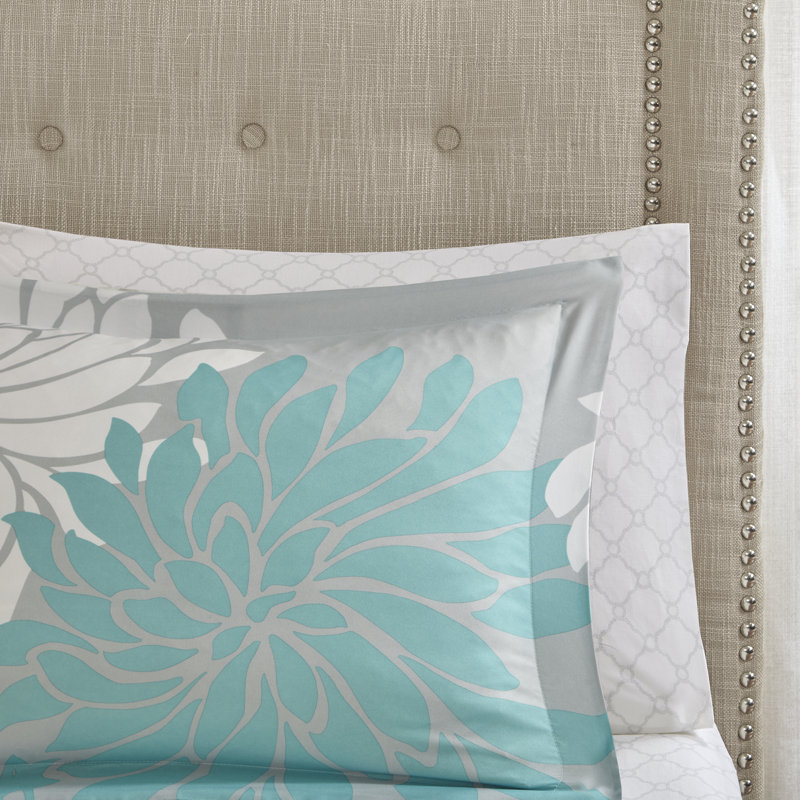 Aqua and Gray Floral Microfiber Full Comforter Set