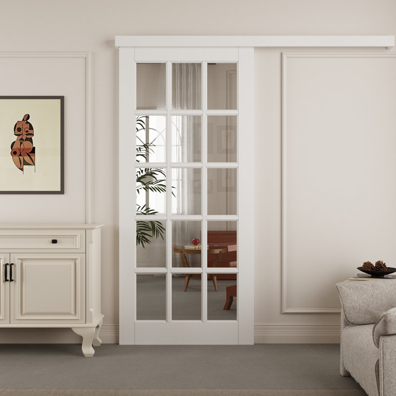 Porte de grange en verre transparent apprêté blanc prêt à installer avec quincaillerie d'installation prête à installer