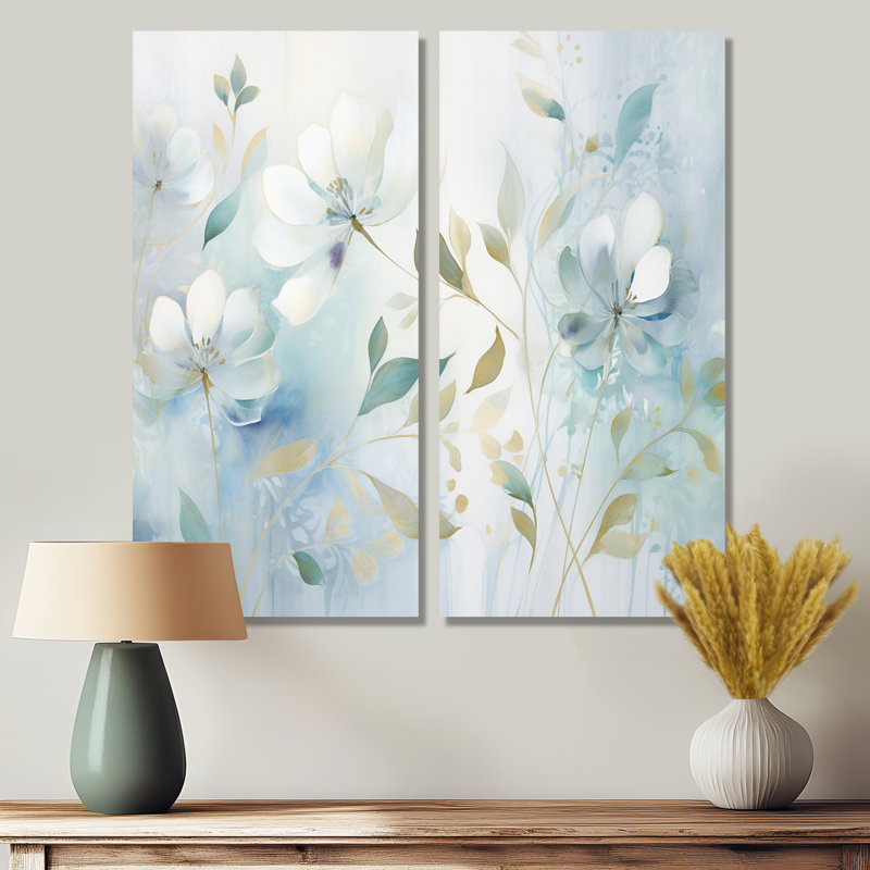 Blue Botanical Rhythms I - Art mural bleu 2 panneaux, H 32 po x l 32 po, Wrapped Canvas, Ne s’applique pas