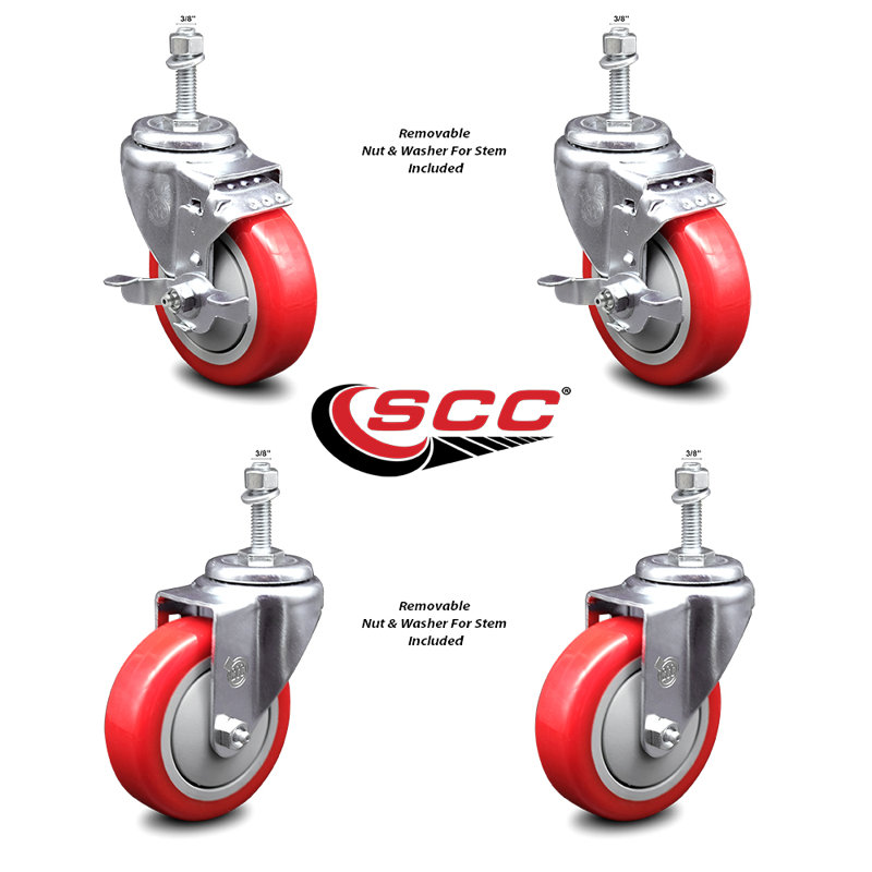 Poly Wheel Swivel 3/4 Inch Threaded Stem Caster Set with Brake
