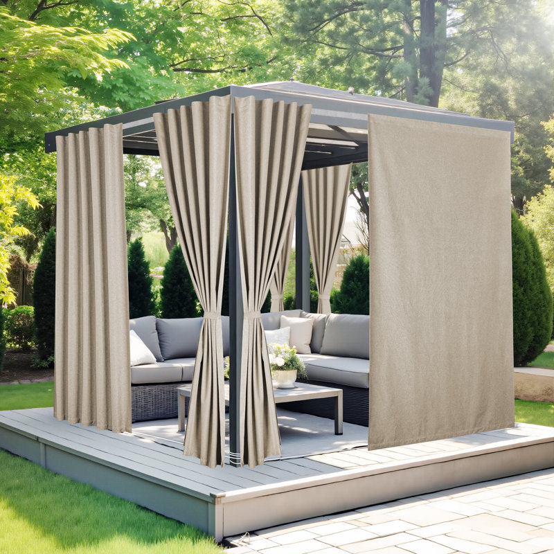  100% Blackout Linen Outdoor Curtains for Patio Waterproof, Windproof Gazebo Curtains with Sticky Back Top & Back Tab Bottom, 2 Straps & Rope Included for Porch Pergola