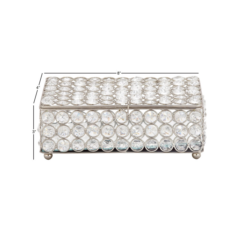 Silver Metal Rectangular Jewelry Box with Rhinestone Embellishments