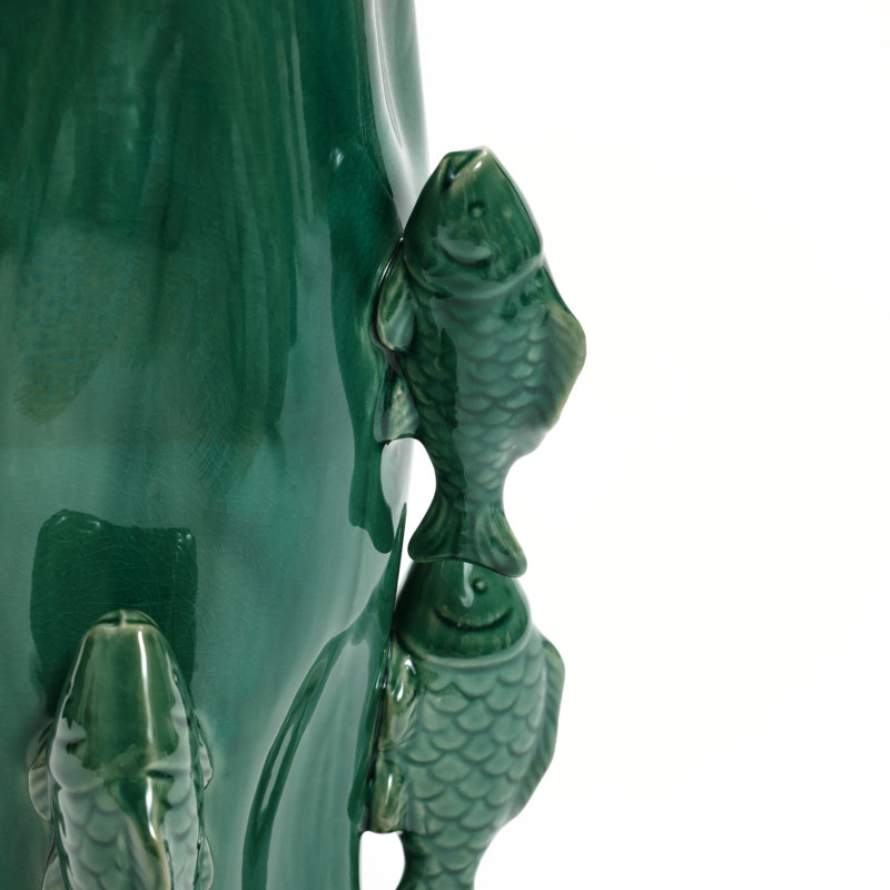 15-Inch Tall Marine Green Ceramic Vase with 3D Fish Detail – Nautical Inspired Table Vase