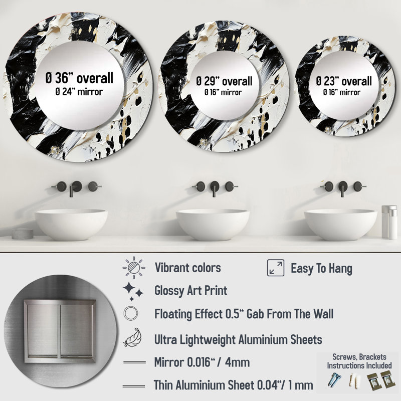 Black And White Paint Stroke Fight - Abstract Shapes Mirror, White Round Unique Wall Mirror, Printed Metal Art, 23" x 23"