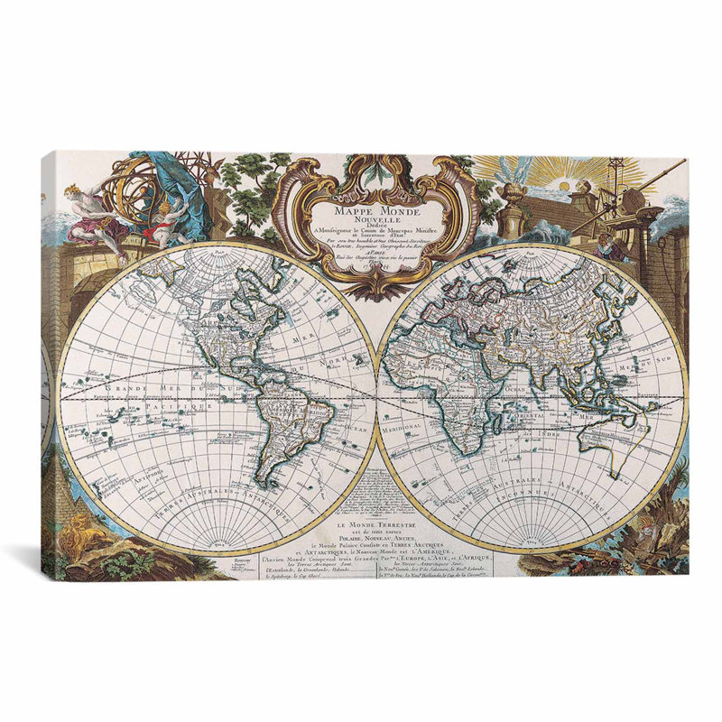 Carte antique du monde antique - impression d'art graphique sur toile, H 40 po x l 60 po x P 1,5 po, Toile tendue