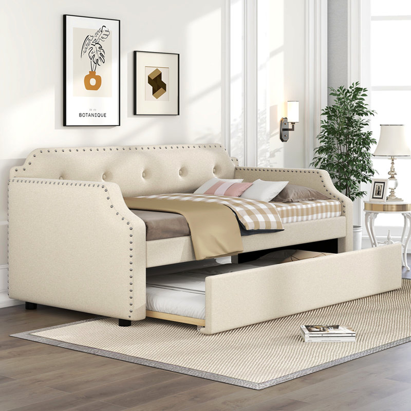 Upholstered Daybed with Trundle, Wood Slat Support,Upholstered Frame Sofa Bed, Twin, Beige, Beige