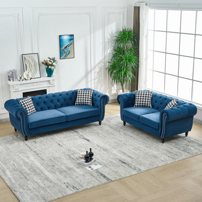  85" + 65" Classic Chesterfield Upholstered Sofa and Loveseat Set, Scrolled Arm Couch with Button Back Design, Blue
