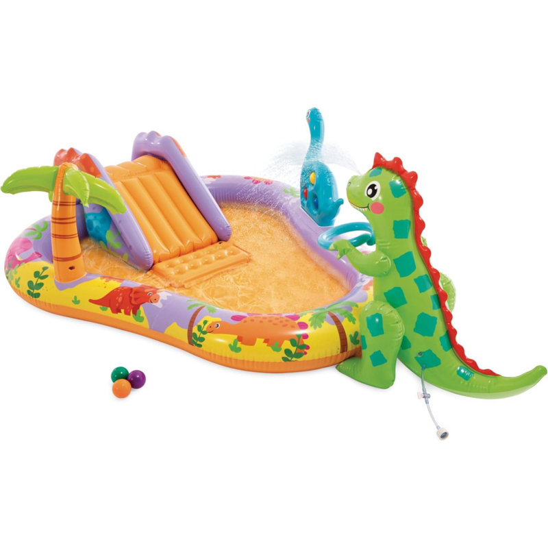 Piscine gonflable pour enfants avec pulvérisateur d'eau et glissade Dino Park