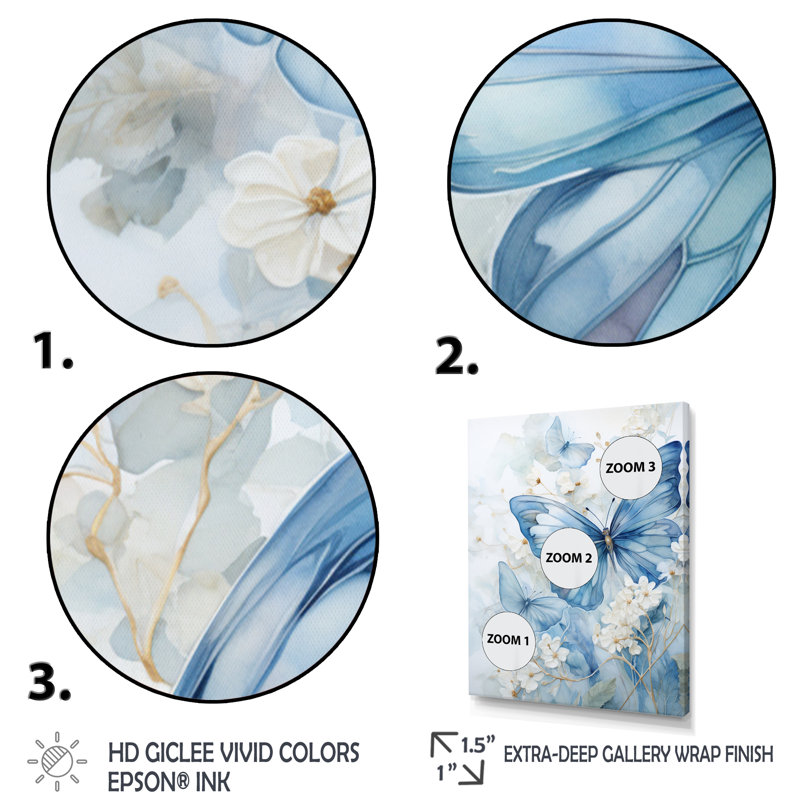 «Treshia Blue Butterfly Whispering Wings II», art mural papillon pour le salon, H 20 po x l 12 po x P 1 po, Toile tendue