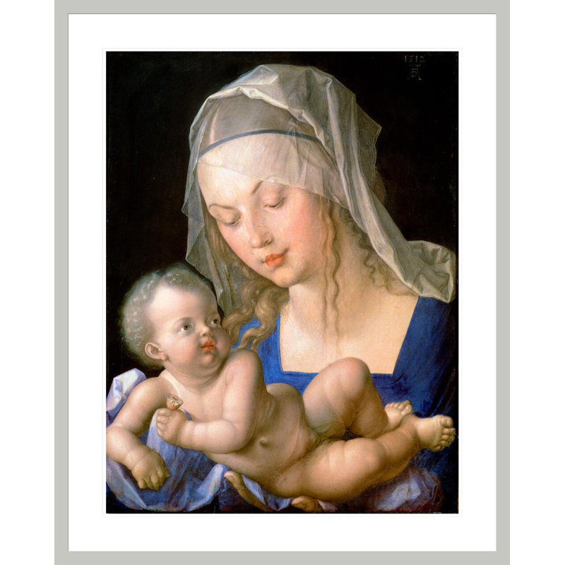 Vierge à l'enfant tenant une poire à moitié mangée (panneau) par Albrecht Dürer - Impression Giclée encadrée