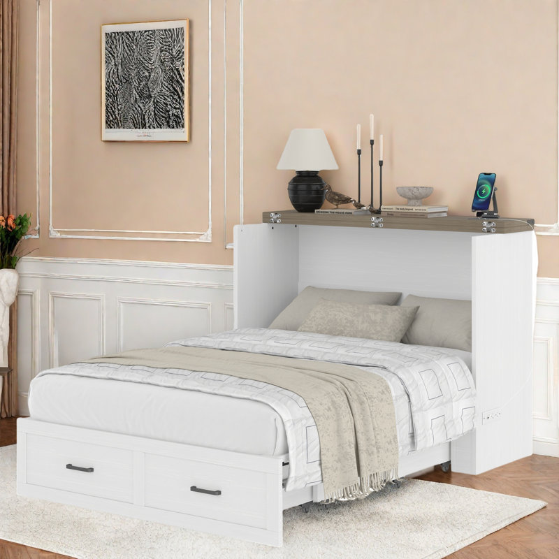 Multi-functional Foldable Murphy Bed  With Charging Station And 1 Large Storage Drawer, White, Full