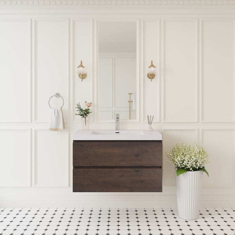 Meuble-lavabo mural moderne 36 po avec plateau en résine intégré, 2 tiroirs à fermeture en douceur, assemblage complet, bois de rose