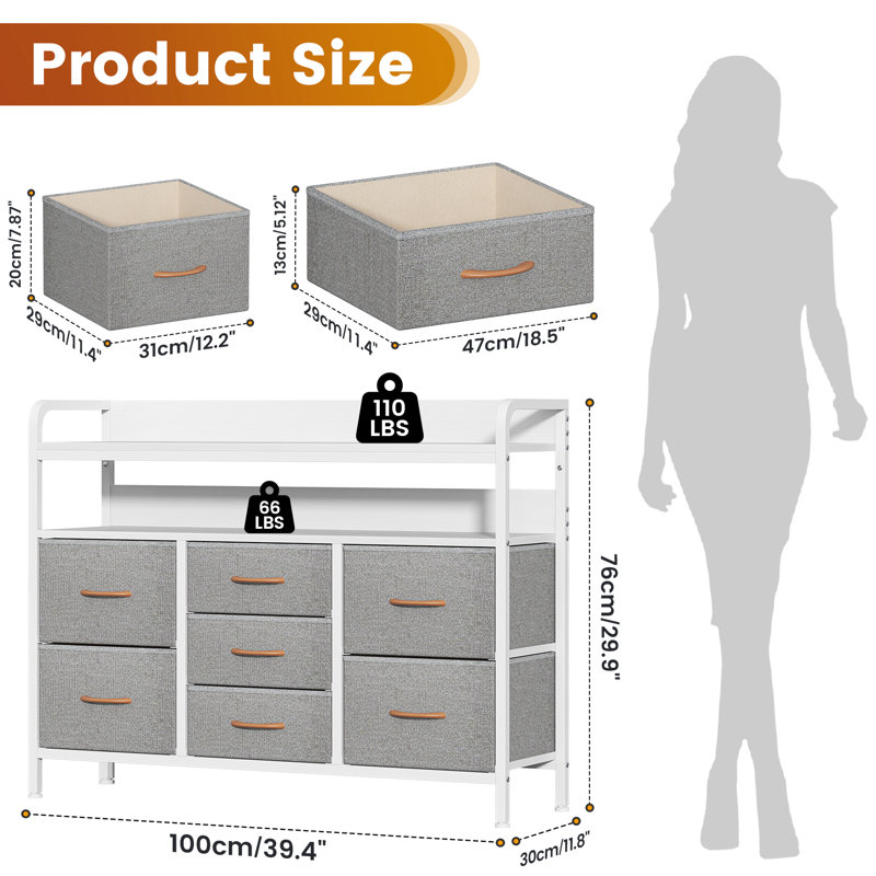 Metal 30cm W 7 - Drawer Chest of Drawers, Light Gray