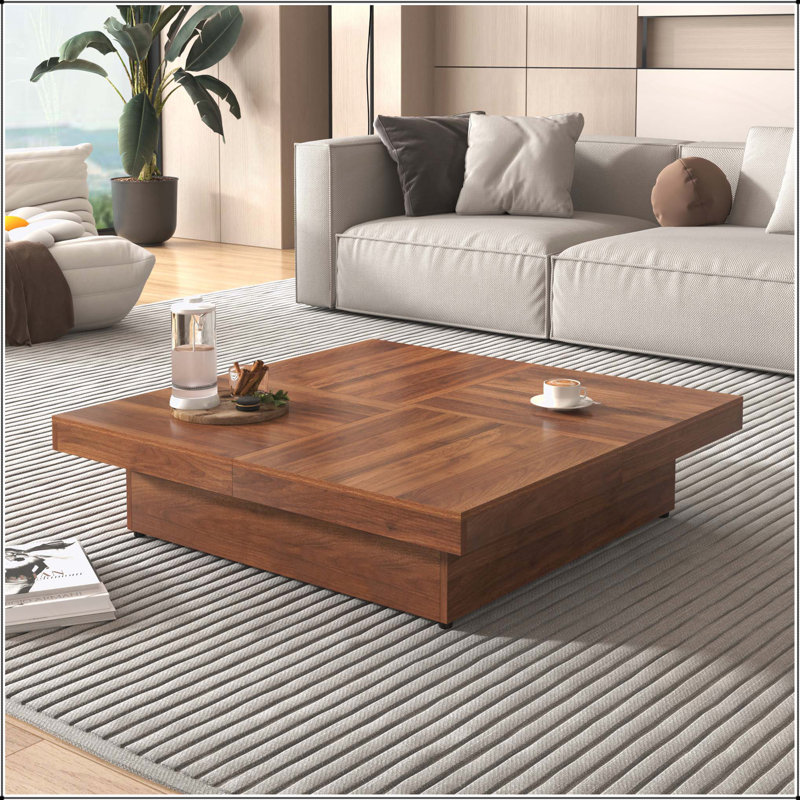Table basse carrée en placage de noyer avec plateau coulissant et rangement, parfaite pour les espaces de vie modernes et fonctionnels.