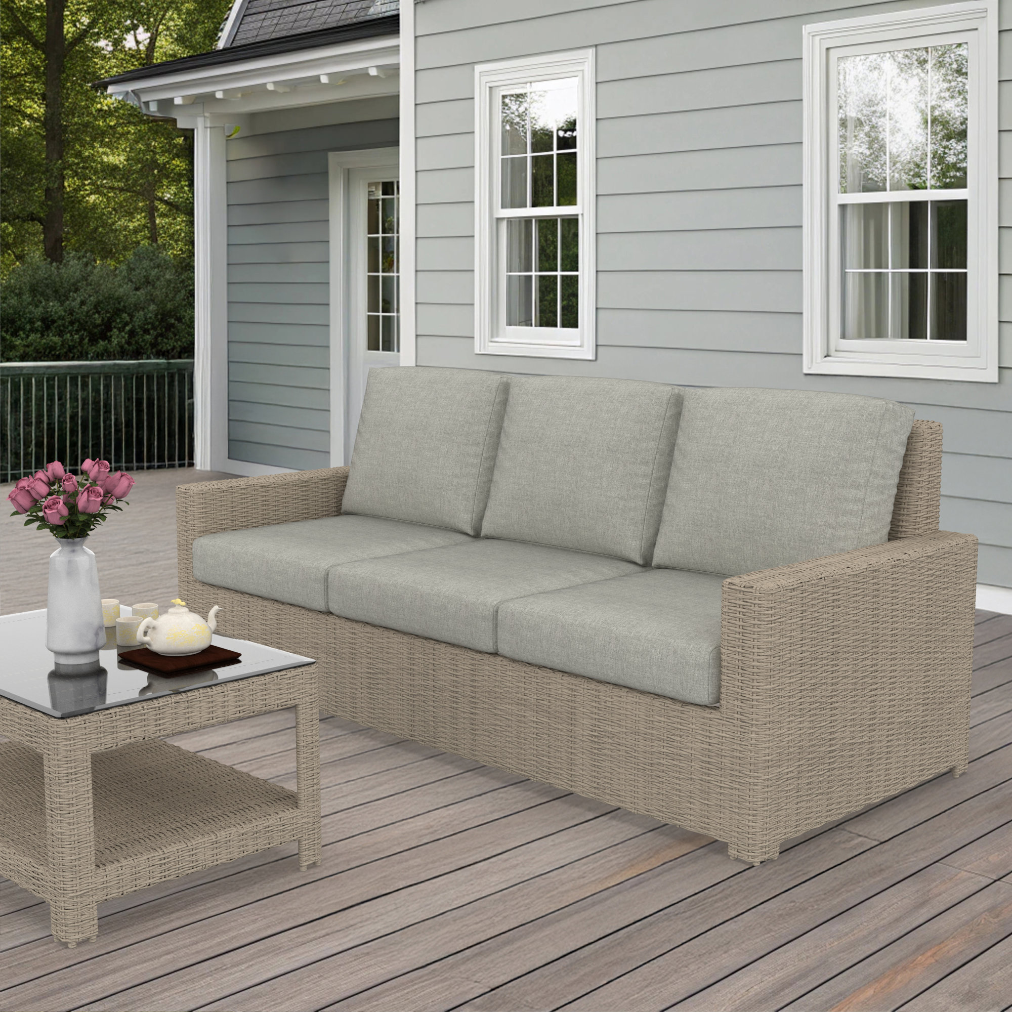 Henri 3 Seat Sofa With Sunbrella Cushions, Canvas Granite