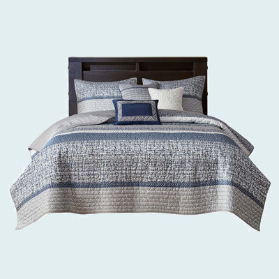 6 Piece Reversible Jacquard Quilt Set With Throw Pillows Navy Full