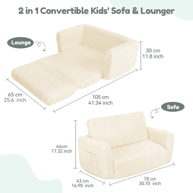 3-In-1 Extra Wide Convertible Kids Couch, 2-Seat Toddler Lounger, Comfy Toddler Chair, Kids Sofa For Boys Girls, Bed For Fun Playtime Or Comfy Lounging