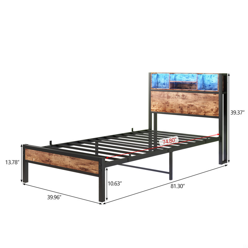 Twin Size Bed Frame With Storage Headboard, Metal Platform Bed With Charging Station, Bookcase Storage