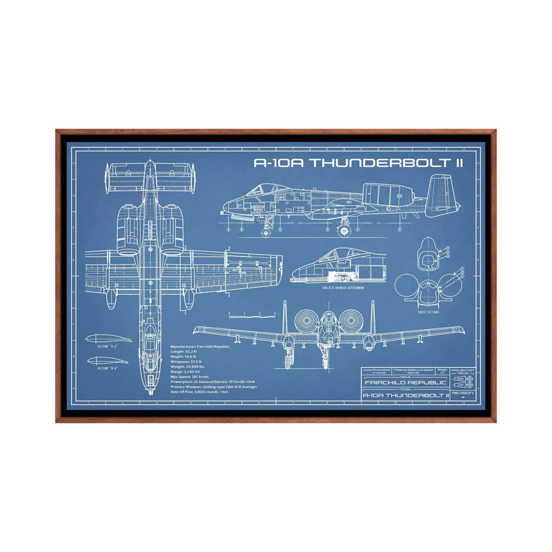 A-10 Thunderbolt II [Phacochère] Plan d'avion - reproduction de dessin, Pas de tapis, Toile avec cadre en bois brun classique