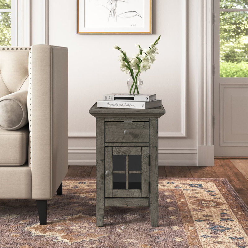 Knorr Solid Wood End Table with Storage and Built-In Outlets, Stone