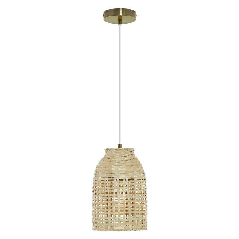 14"H Brushed Gold-Color Metal Pendant Light with Bamboo Shade