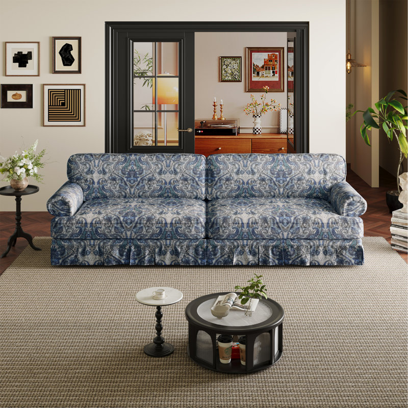 93.7"Luxuriously Comfortable 4-Seater Cloud Couch,Oxford Fabric Sofa With Elegant Rolled Arms & Pleated Skirt Design,26.4"Extra Deep Seat Mid Century Sofa For Apartment,Office,Blue Floral