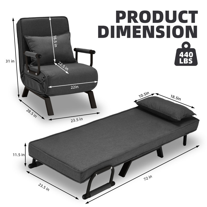 Convertible Sofa Bed Sleeper Chair, Single Person Chaise Lounge Couch W/ Pillow, Foldable Sofa Arm Chair W/ 6 Angles Adjustable Backrest, Folding Bed For Office Guest Room