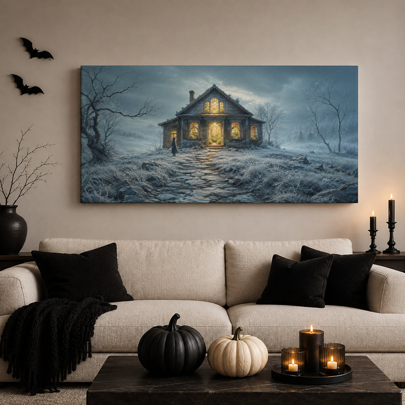 Maison rustique aux fenêtres illuminées dans une toile murale d'Halloween givrée, L 32 po x H 16 po