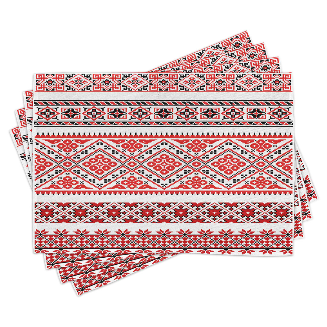 Platzdeckchen 4er-Set, ukrainische Ornamente, zinnoberrot schwarz weiß