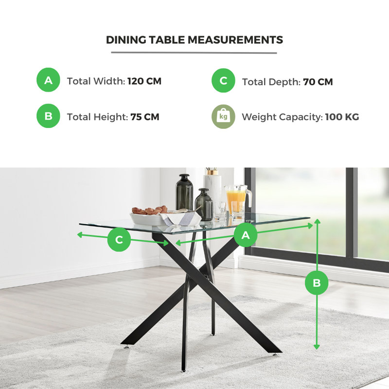 Lenworth Luxury Rectangular Dining Table in Glass and Chrome Metal - Modern Statement Design, 75H x 120W x 70D, Silver