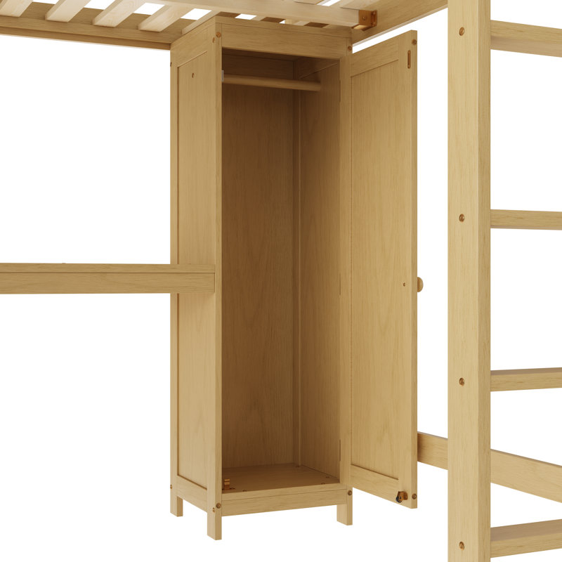 Lit mezzanine en bois avec garde-robe et rangement en L, Naturel