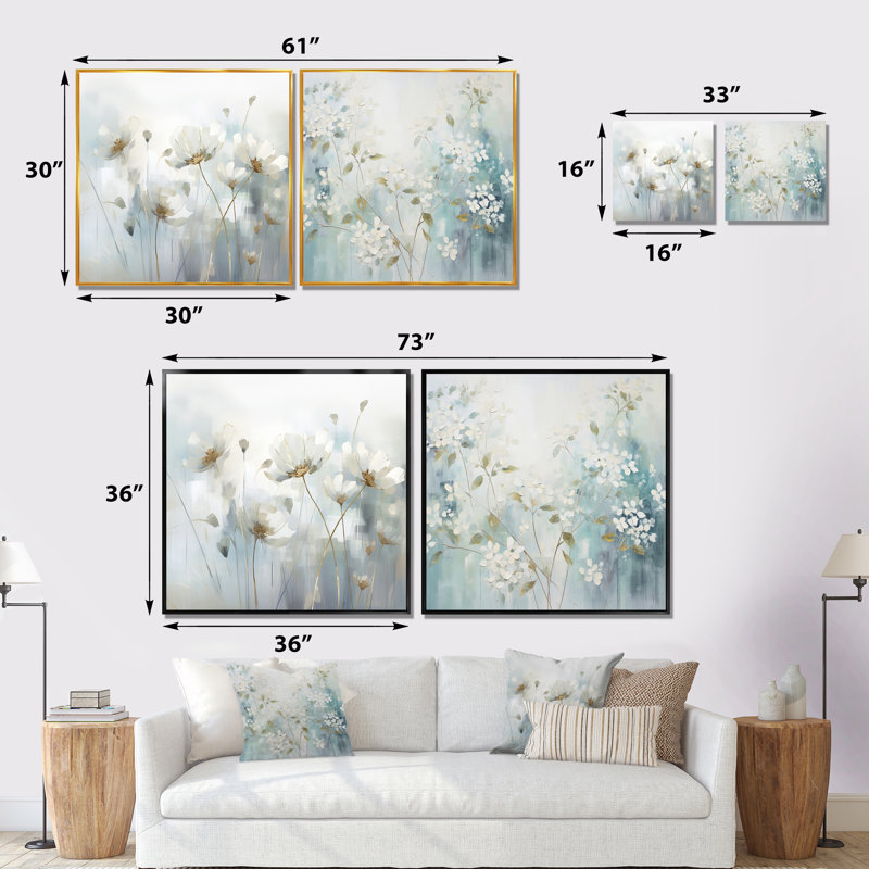 Green Beige Serene Meadows - ensemble de 2 collages carrés botaniques abstraits, Cadre flottant noir, H 16 po x l 33 po