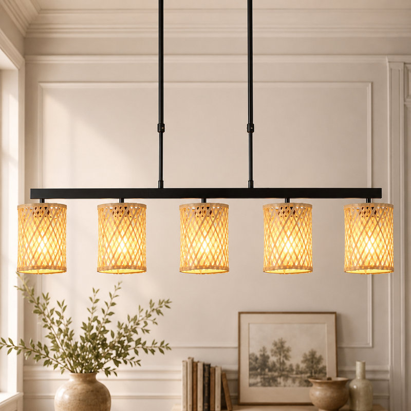 5 - Light Rattan Farmhouse Boho Linear Kitchen Island Pendant