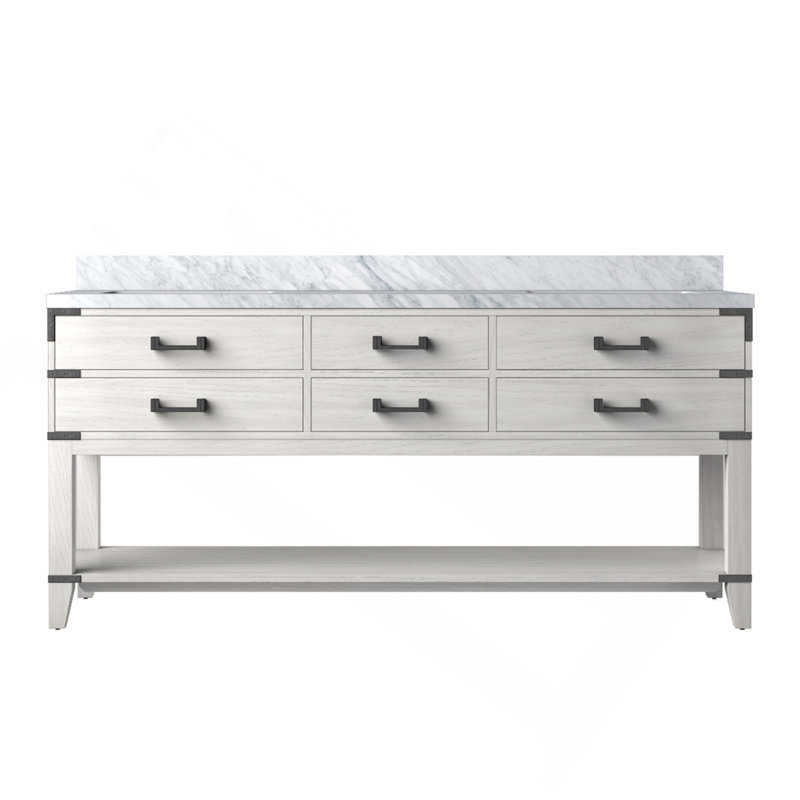 Meuble-lavabo double en chêne blanc 72 po X P 22 po D, avec plateau en marbre de Carrare