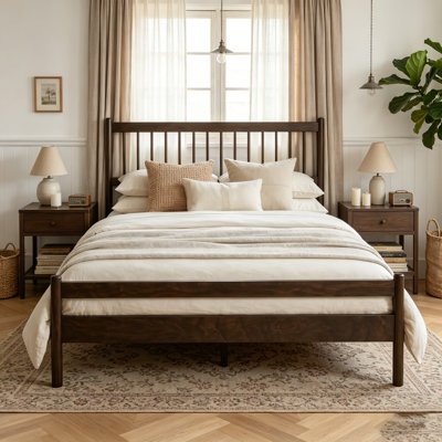 Traditional Style Bed with Headboard and Footboard, Pinewood Bed with Strengthened Frame, Brow