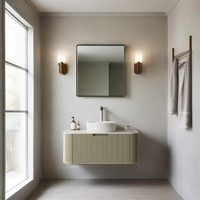36" Modern Wall-Mounted Floating Bathroom Vanity With Sink,  Curved Edges Striped Bathroom Storage Cabinet With A Drawer, White Round Ceramic Basin Without Faucet, Pre-Assembled, Natural Wood
