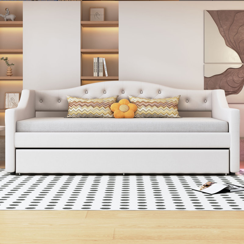 Upholstered Daybed With LED and Trundle, Beige