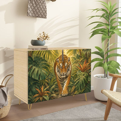 Buffet étroit de 35,4 po de largeur - armoire de rangement décorative 2 portes avec imprimé jungle tropicale tigre et pieds en métal