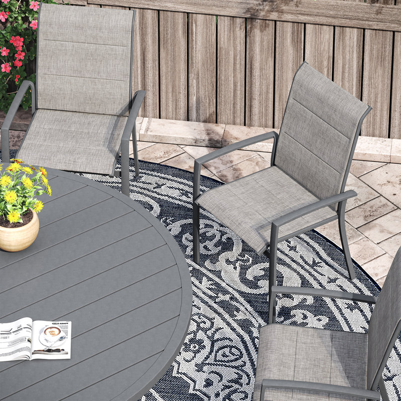 Patio Dining Set with 47.2" Round Dining Table and 6 Padded Textilene Dining Chairs, Gray