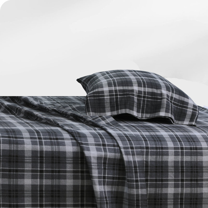 Flannel Sheets Set Double Brushed, Full Sheet Set + Fitted Sheet + 2 Pillowcases, Gray Plaid