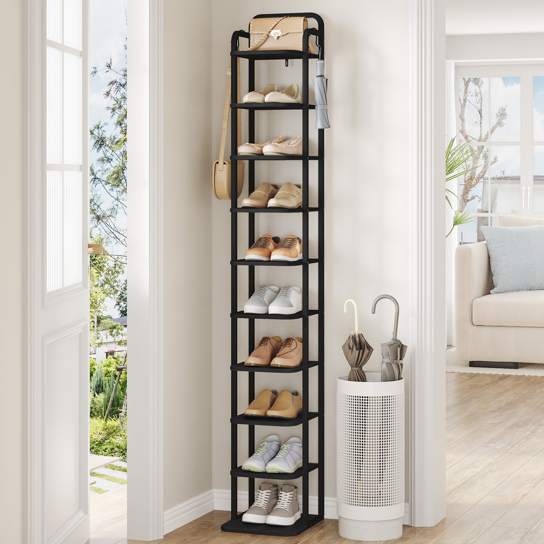 Vertical Shoe Rack, Shoe Shelves, Wood Shoe Organizer for Closet, Entryway, Shoe Tower for Small Spaces, Free Standing, Adjustable, with 2 Hooks