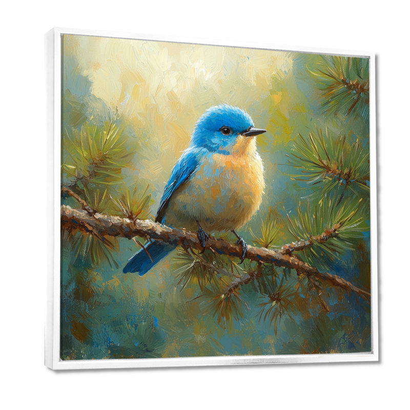 «Cheery Bluebird In The Pines I», art mural oiseau, Impression encadrée flottante, H 16 po x l 16 po, Blanc