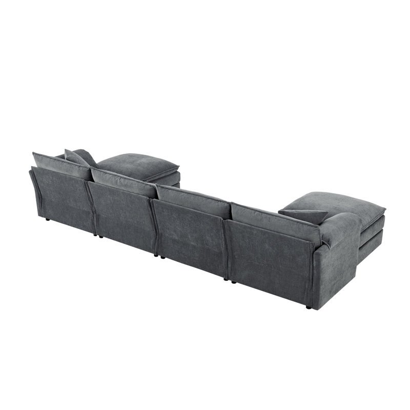 136" Chenille U Shaped Sectional Sofa Cloud Couch With Movable Ottoman, Dark Gray Chenille